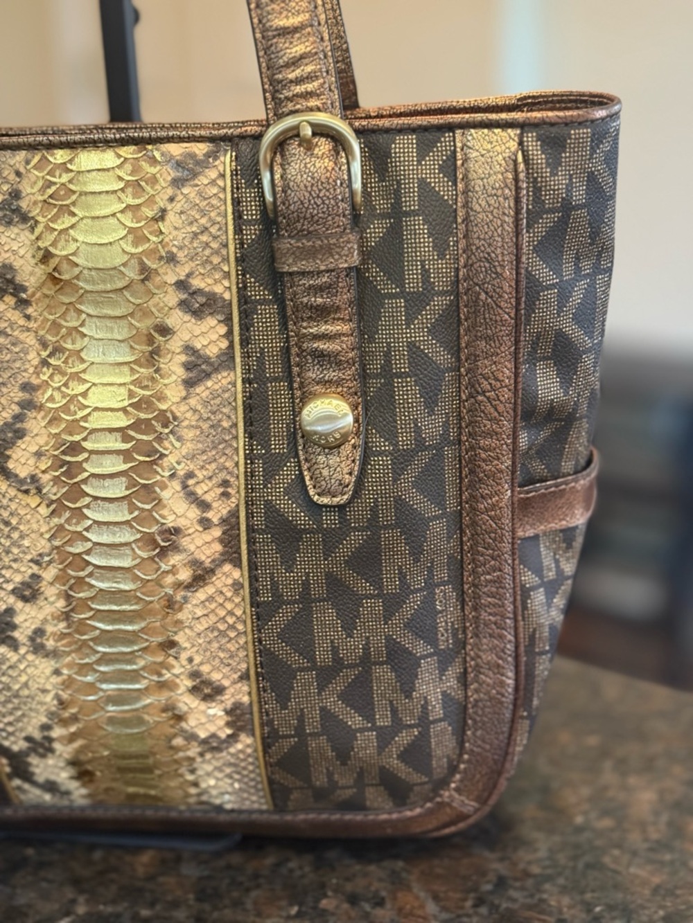 Vintage Michael Kors Brown & Gold Logo Tote with Snake-Print Center - Picture 2 of 13